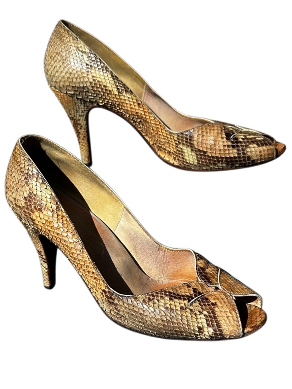 MARTINIQUE CUOLO ITALIAN Natural Snake Skin w/green vintage rare 80s Peep Toe S7